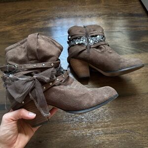 Brown Faux Suede Cowgirl Ankle Boots with Embellishments size 10